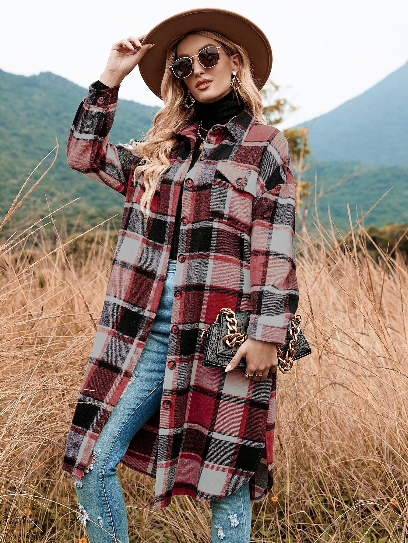 2022 autumn and winter European and American temperament windbreaker coat side slit lapel loose woolen plaid shirt coat in stock_voghion.com