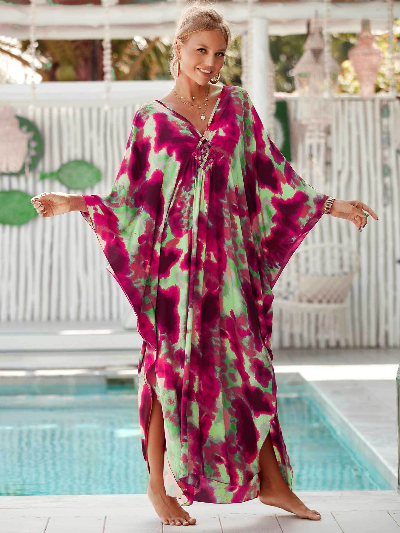 Cross-border Explosions European and American Printed Chest Handmade Beach Blouse Loose Large Size Bikini Outer Blouse