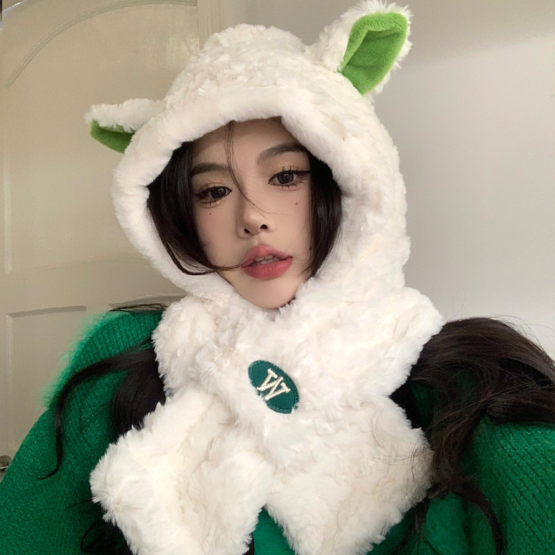 可愛小羊帽子圍巾一體女款秋冬毛茸茸保暖護耳套頭帽冬季雷鋒帽