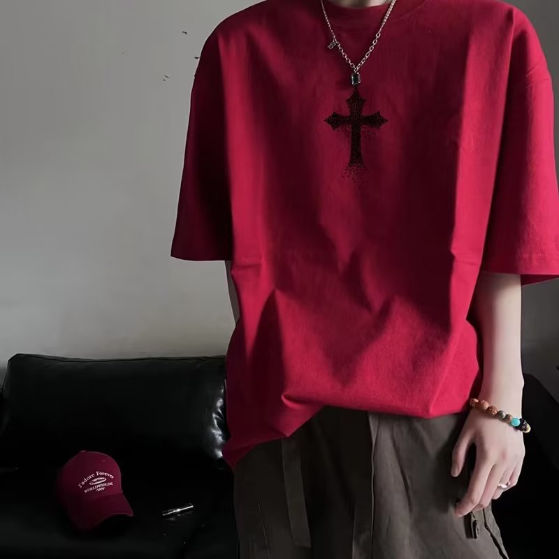 Cross American high street cotton short-sleeved T-shirt men's summer fashion brand trendy Ruan Shuai wine red half-sleeved T-shirt