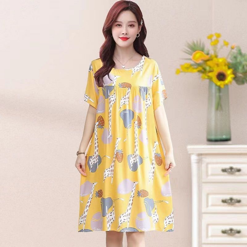 2023 New Women's Cotton Print Dress Short-sleeved Summer Thin Household Outer-wearable Casual Nightdress