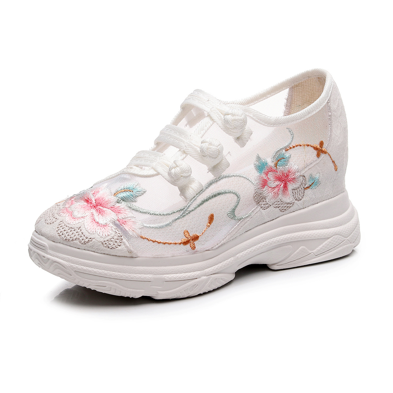 Mesh Flower Garden 2023 Spring and Summer New Mesh Inner Height Canvas Shoes Embroidered Shoes Thickened White Shoes Sneakers