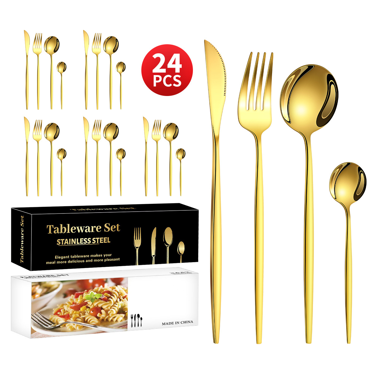 Amazon Cross Border Stainless Steel Thin Portuguese Knife, Fork and Spoon 24 Pieces Set Tableware Steak Knife Fork Coffee Spoon