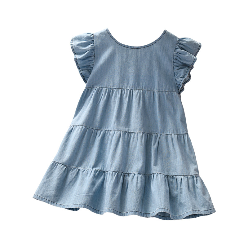 Children's Ruffled Denim Skirt 2024 New Girls' Dress Summer Korean Loose Round Neck Large Skirt Children's Wear