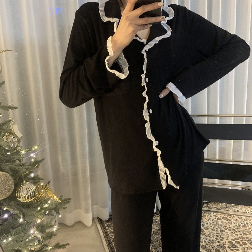ins Cyber Celebrity Lace Long-sleeved Simple Black Spring and Autumn Long-sleeved Trousers Cardigan Pajamas Women's Sweet Loose Home Clothes