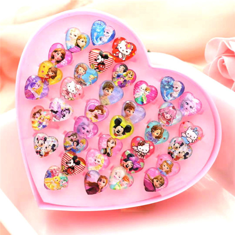 New 36 Children's Resin Cartoon Gem Ring Kindergarten Little Girl Plastic Ring Set Handset