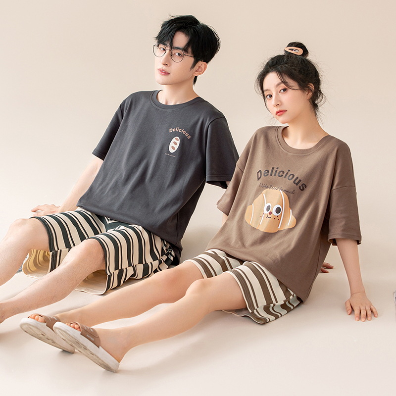 [Antibacterial] Couple Pajamas Summer Cotton Men's and Women's Short Sleeve Cute Cartoon Casual Outwear suit