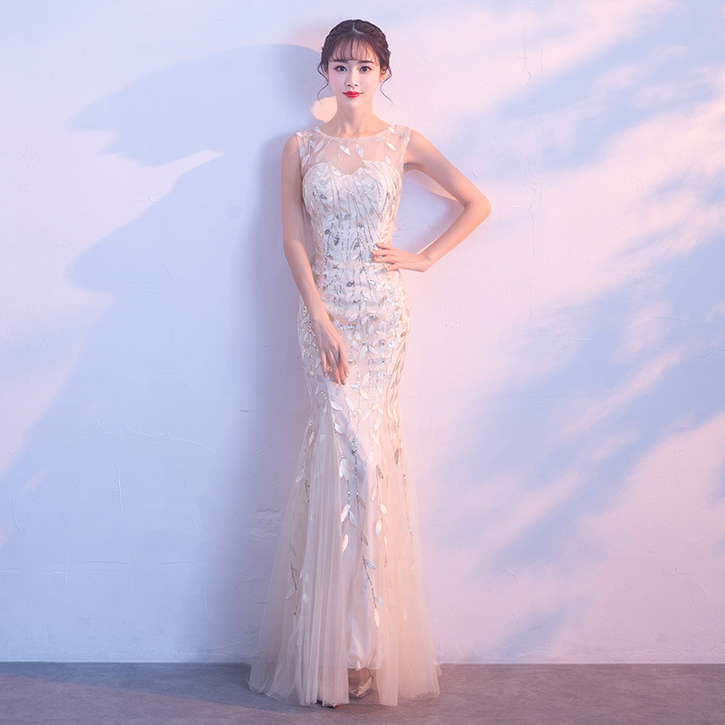 Evening Dress Women's 2024 New Style Champagne Color Banquet Noble Elegant Host Long Fishtail Party Long Dress Slim-fit
