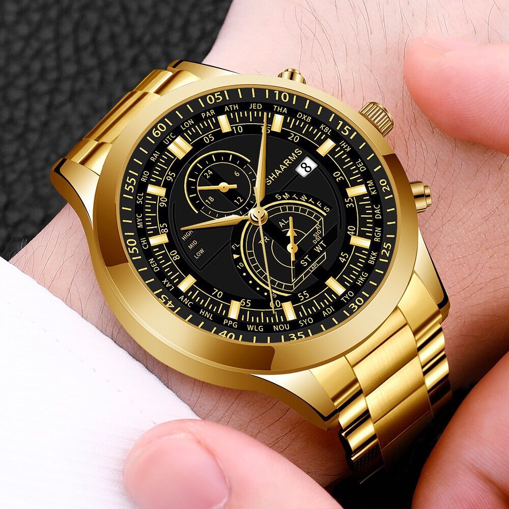 Factory wholesale atmospheric Simple Men's steel band watch simple scale quartz watch men's fake two eyes calendar men's watch