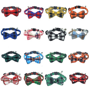 Pet Collar Bell Bow British Plaid Cloth Collar Cat with Cat Head Safety Socket Cat Dog Collar