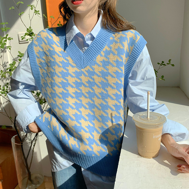 Hahnentritt-Weste Strickpullover 2022 Damen Herbst Neue koreanische lose Oberbekleidung Pullover Pullover Top_voghion.com