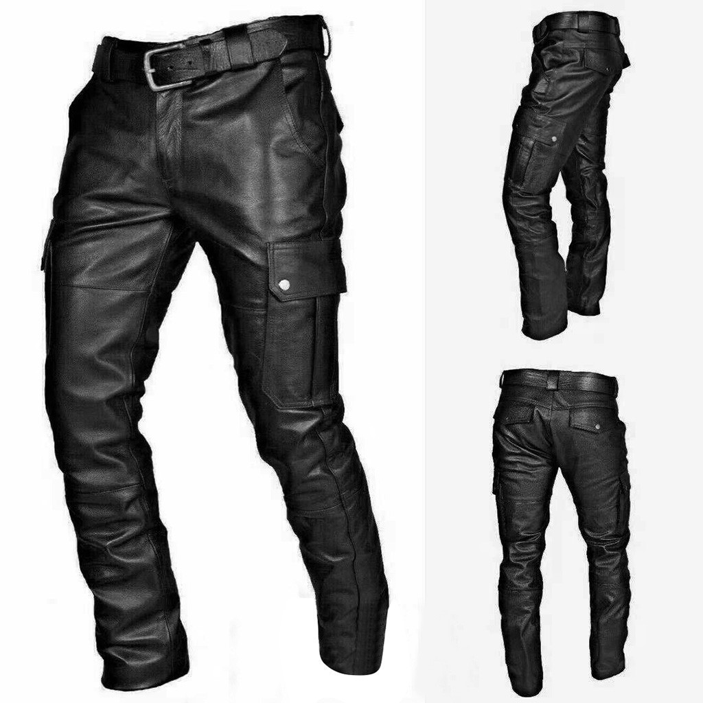 Cross-border wish Amazon explosions men's pocket punk vintage gothic leather pants PU strap casual leather pants PK01