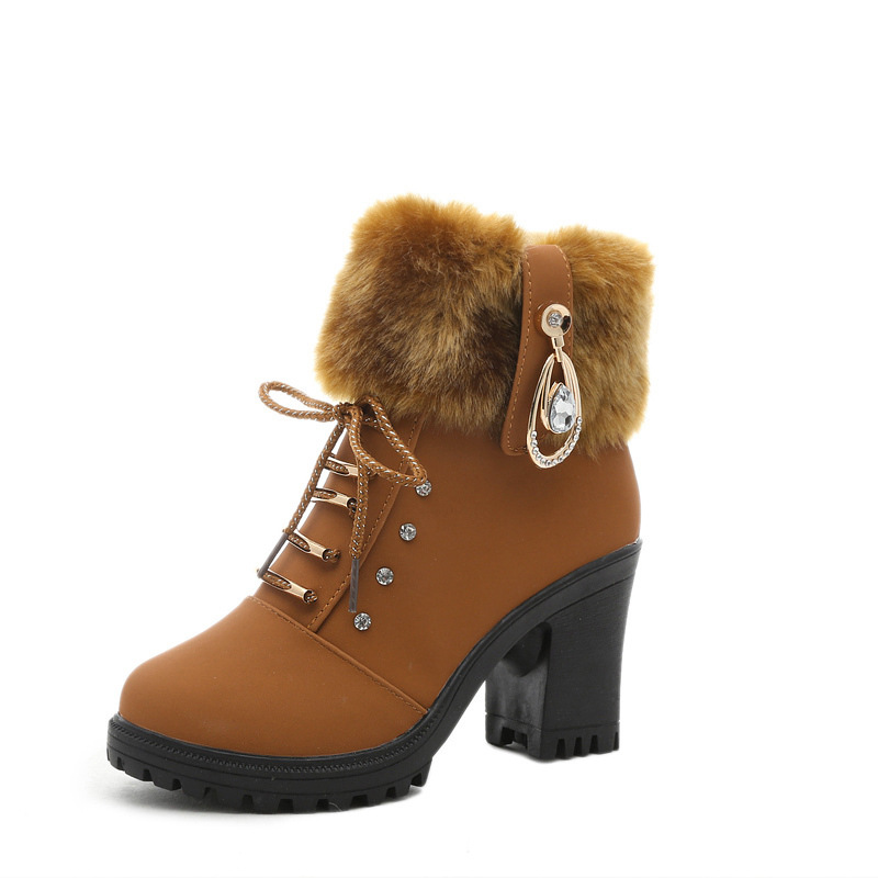 Snow boots for women 35-42 in stock 2023 autumn and winter chunky heel short women's boots side zipper fashion boots high heel pendant