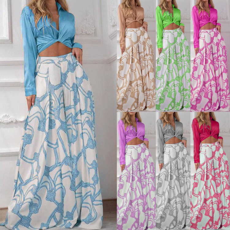 2022 South American Women's New Printed Casual Suit Lapel Sexy Strap Shirt High Waist Wide Leg Pants Two-piece Set