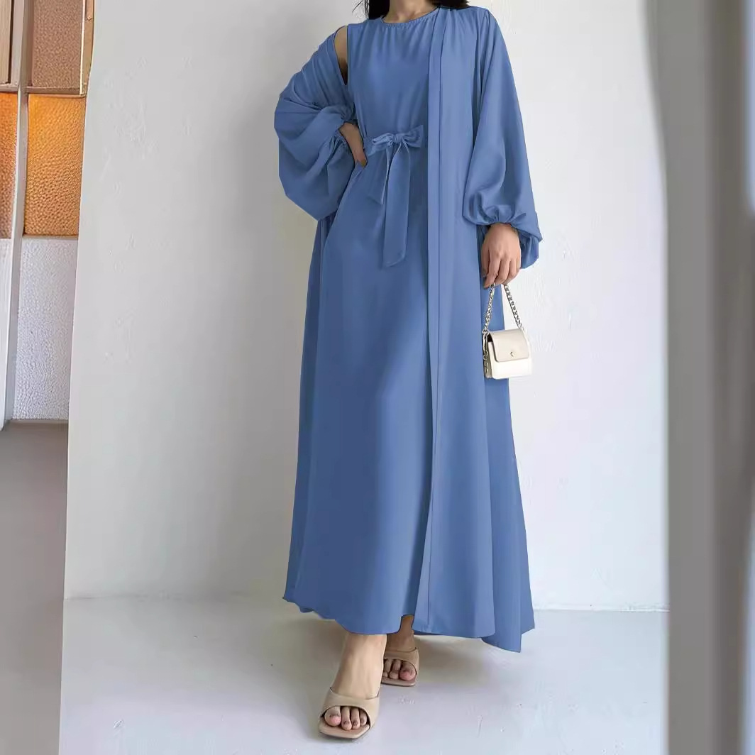 Middle East Abaya suit dress Muslim Women's Strap Waist Loose Coat Long Robe MSL39