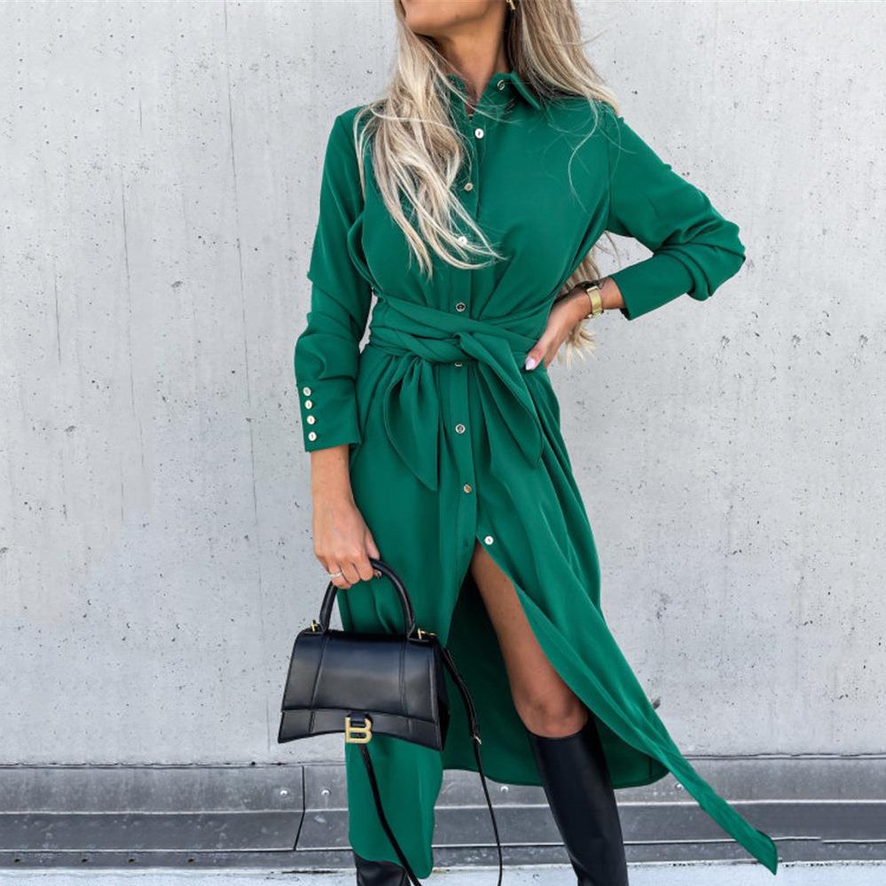European and American cross-border women's clothing Amazon 2022 autumn and winter New long dress solid color cardigan long sleeve large swing dress