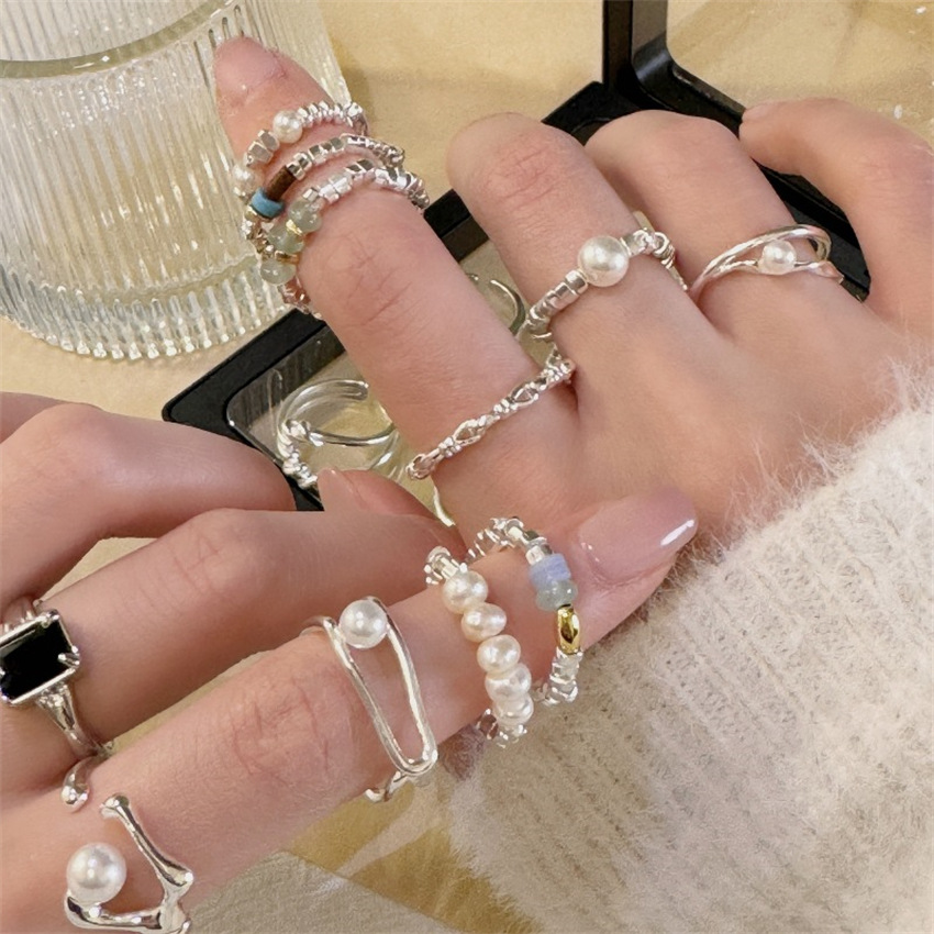 New 925 Pure Silver Plain Band with Shattered Silver and Pearl Ring for Women, Instagram Style, Simple and Luxurious, High-end, Non-fading Open Finger Ring
