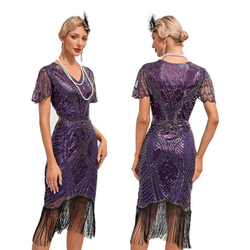 1920s retro dance party embroidered tassel dress cocktail party plus size sequined beaded mesh jumpsuit