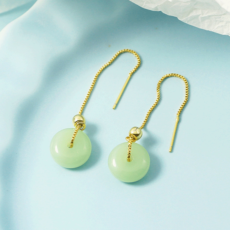 Hetian Jade Safe Buckle Ear Line Women's Hanfu Ancient Costume Moisture Texture Slim Long Tassel Gold-plated Jasper Earrings