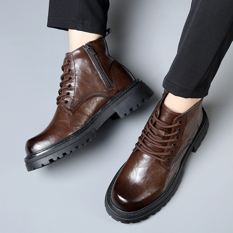 Martin boots men's 2023 new cotton leather boots thin British style mid-top thick bottom hidden height increasing motorcycle black ankle boots