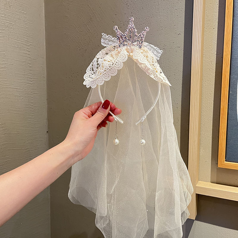 Princess Style Headwear Vintage Lace Bow Yarn Children's Hair Band Girl's Hair Card Sequins Crown Birthday Headband