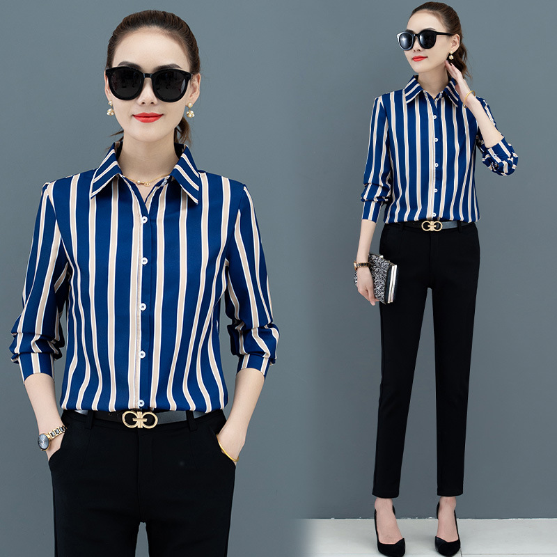 New Printed Striped Shirt Women's Long-sleeved Striped Business Wear Work Clothes Large Size Women's Fashionable Base Shirt Women's White