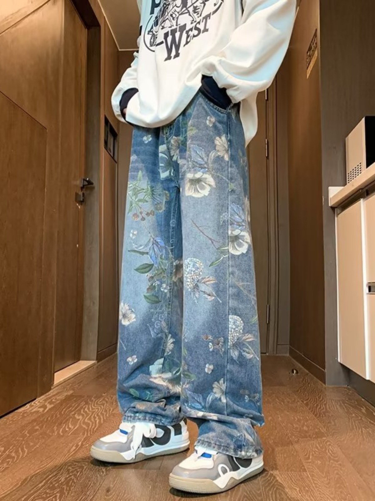 American high street washed jeans men's design sense niche fashion brand retro street hip hop casual wide leg trousers