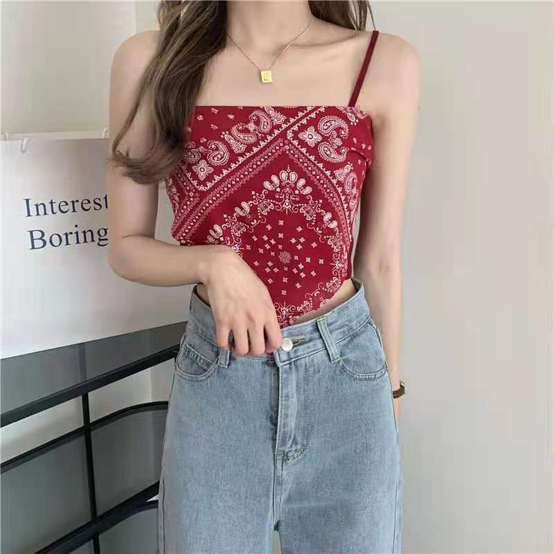 Sweet and spicy bellyband-style cashew flower suspender design knitted outer vest for women summer short inner top