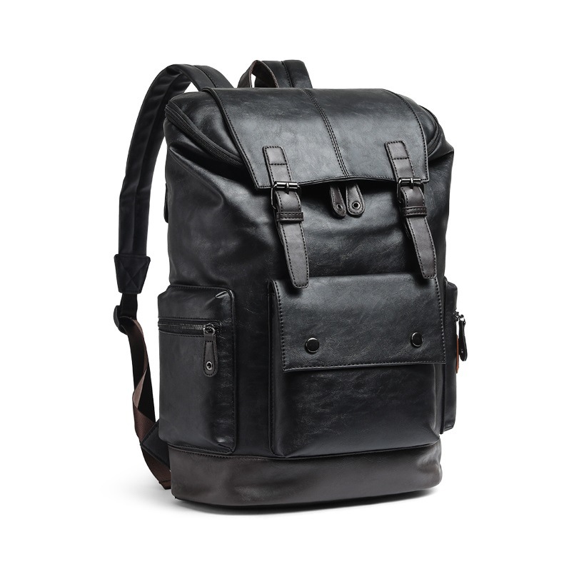 Fashionable Korean Style Men's PU Leather Backpack Simple Large Capacity Travel Backpack Student School Bag Computer Bag Shoulder Bag