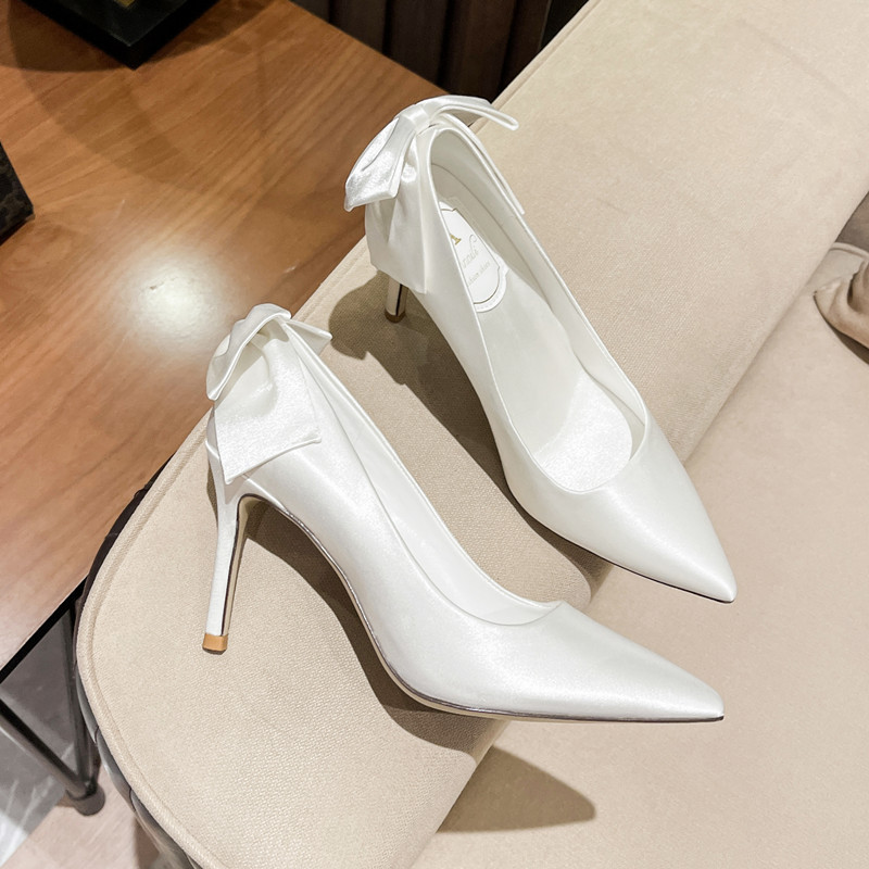 French satin white main wedding shoes elegant bow adult high heels large size 41-43 bridal shoes