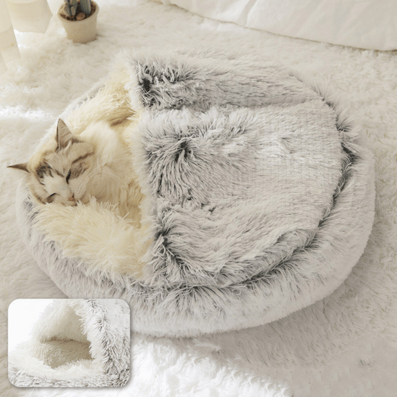 四季通用の猫の巣の貝殻の巣の長いぬいぐるみの半閉鎖の半分は蓋のペットの巣の保温の深い睡眠の猫のベッドを囲んでいます。|undefined