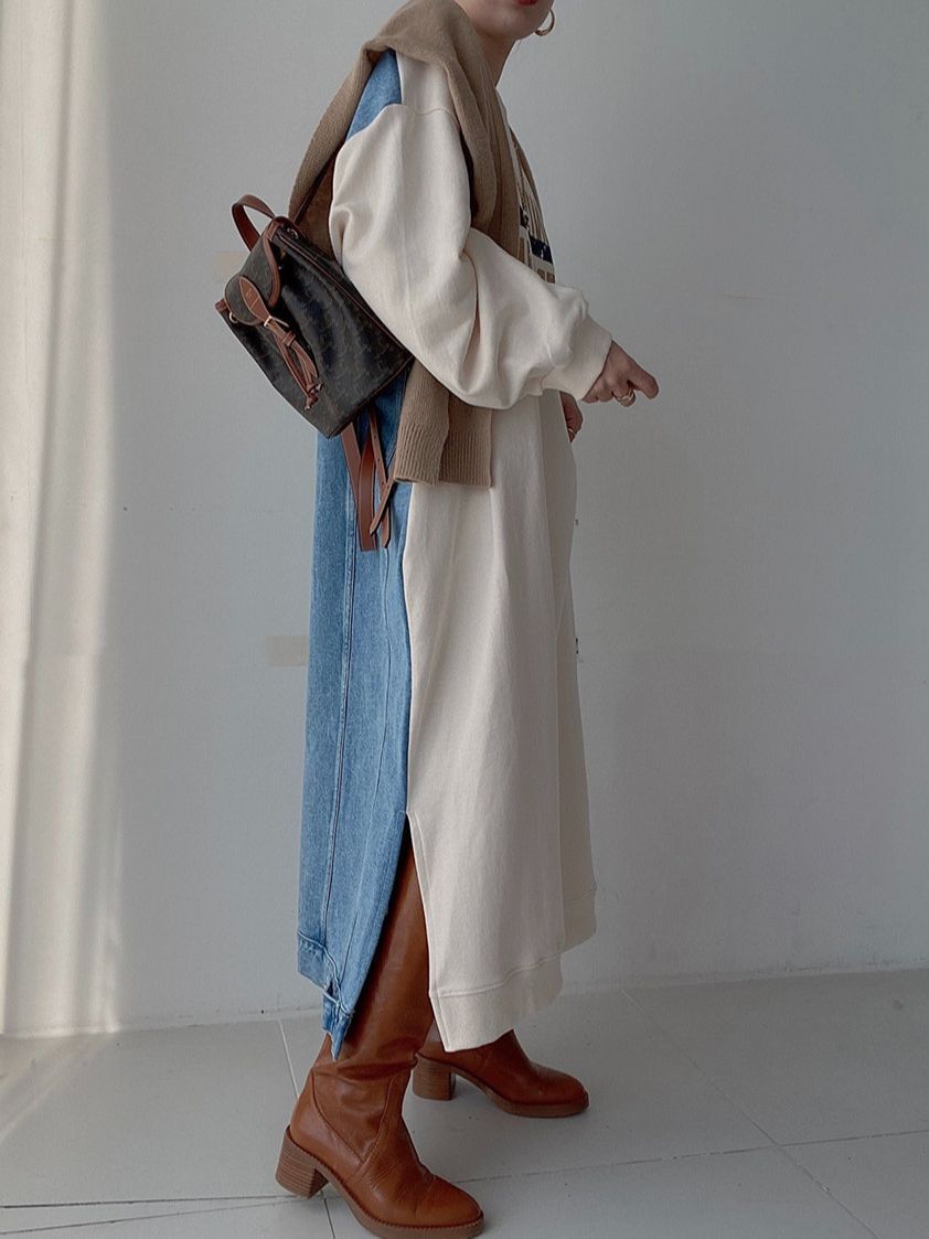 Korean-style Dongdaemun chic Casual All-match Letter Printing Stitching Denim Design Loose Long-sleeved Sweater Dress