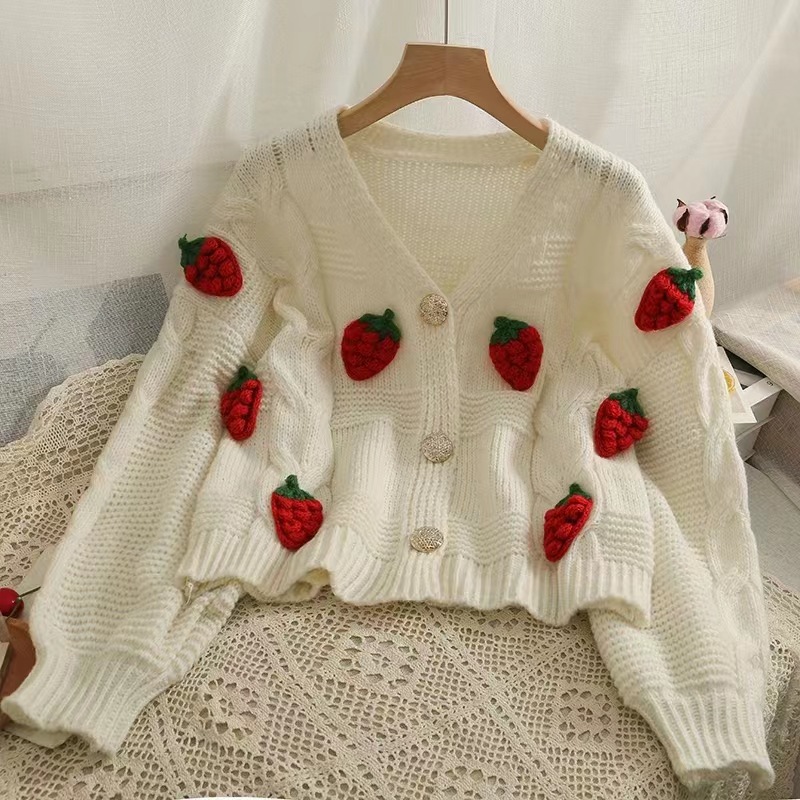 2023 Korean Style Strawberry Three-dimensional Crochet Long-sleeved Jacket Knitted Cardigan Women's Coarse Wool Autumn New Embroidered Strawberry