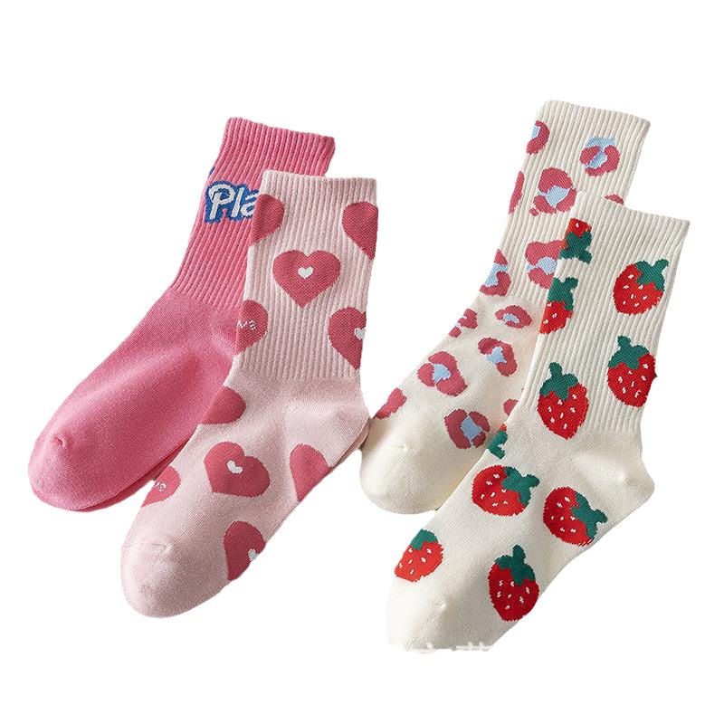 Spring and Autumn Mid-length Stockings Pink Strawberry Love Socks Women's Fashion All-match Japanese Style Cute Instagram Style Trendy Letter Stockings