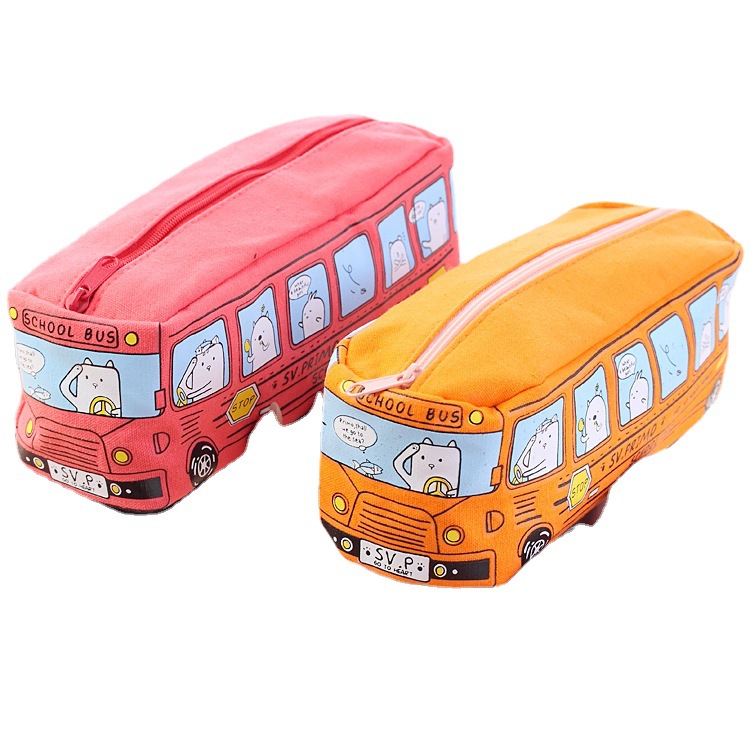 Korean Creative Student Stationery Small Animal Bus Pencil Case Bus Pencil Case Canvas Stationery Box for Men and Women