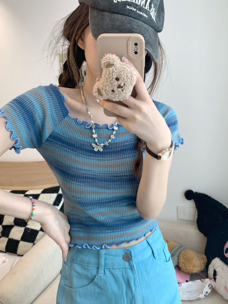 Hot girl one-shoulder short fungus-edged summer chic short-sleeved T-shirt top women's bottoming shirt striped shirt