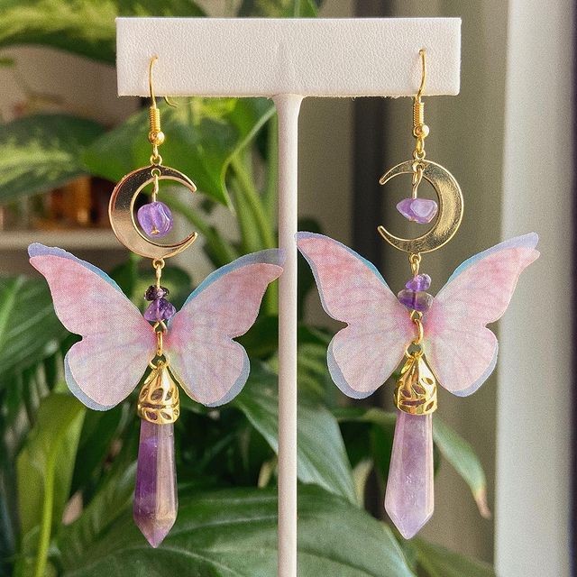 Japanese and Korean super fairy symmetrical butterfly tassel amethyst moon earrings long circle tassel purple earrings earrings