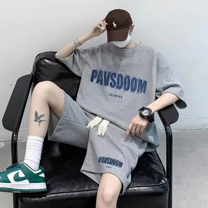 Summer waffle suit men's summer short-sleeved T-shirt fashion brand sportswear two-piece casual shorts teenagers