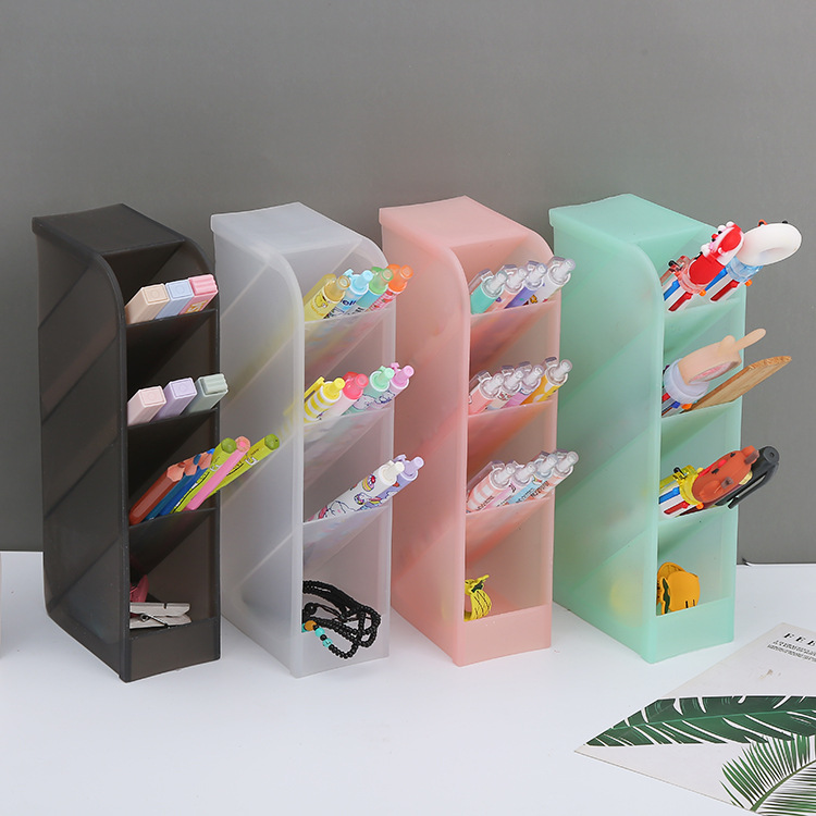 Oblique Pen Holder Plastic Transparent Frosted Multi-grid Pen Holder Creative Student Pen Case Desktop Cosmetic Brush Storage Box