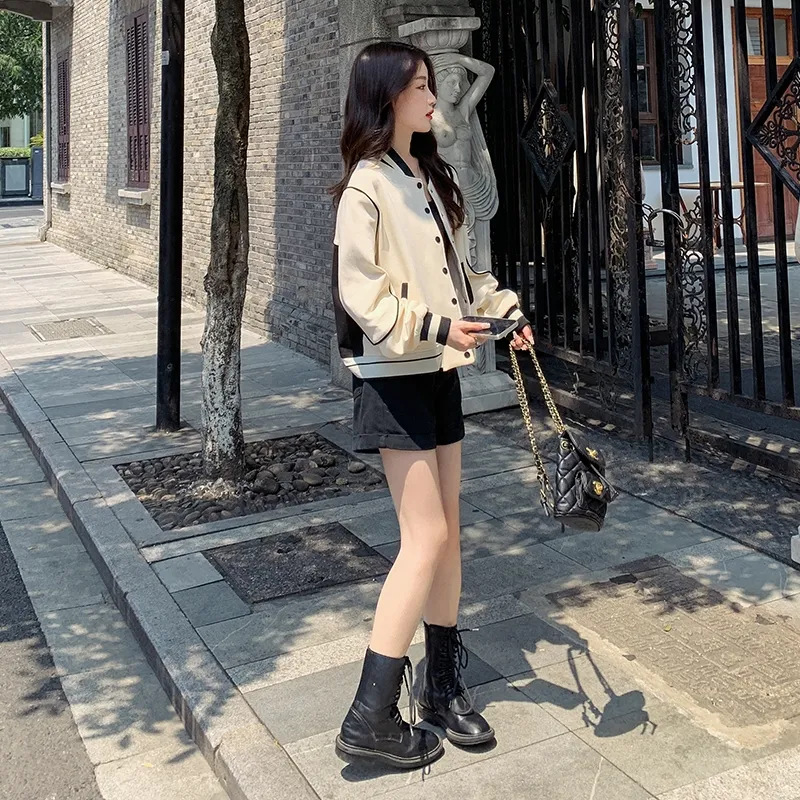 vintage Baseball Suit Women's 2023 New Spring and Autumn Collar Short Jacket Thin Casual Jacket ins Trendy