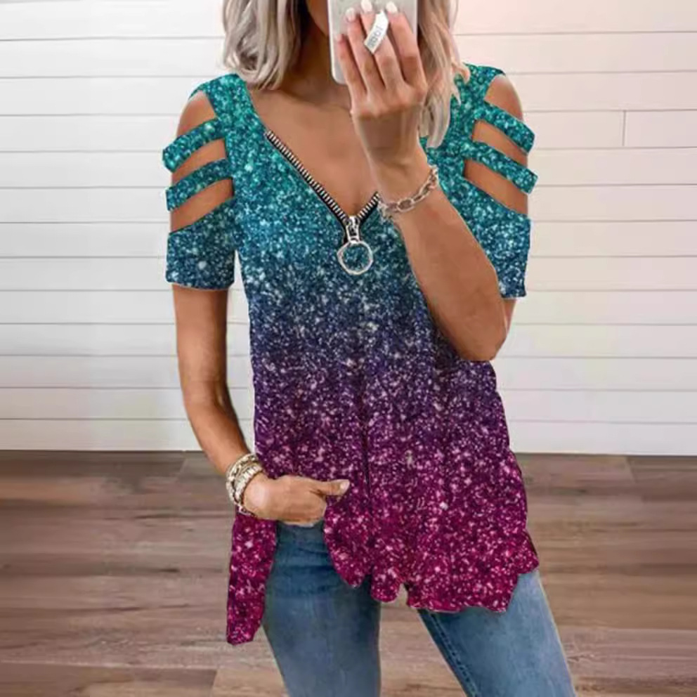 2024 European and American cross-border wish foreign trade Women's V-neck zipper pullover short sleeve loose T-shirt women's hollow top