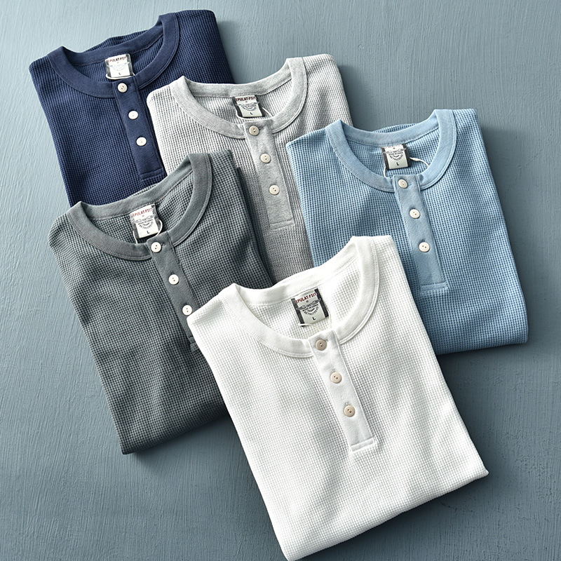 280g heavy waffle henley collar T-shirt men's long sleeve solid color round neck bottoming shirt