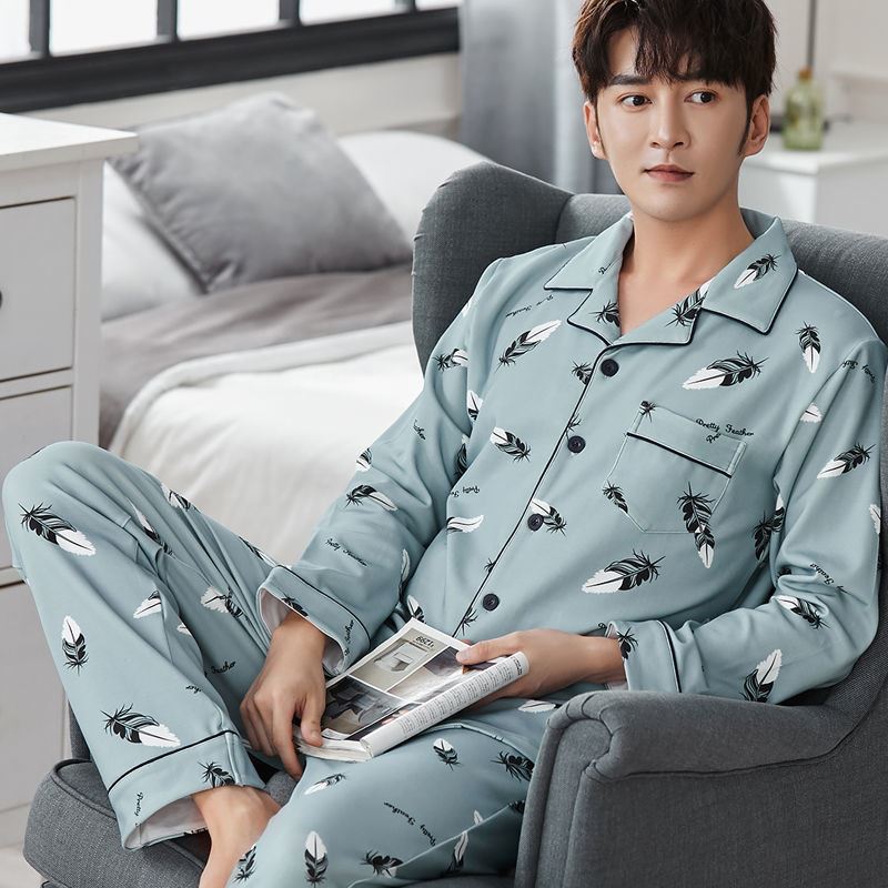 Fashionable Double-sided Cotton Pajamas Men's Long-sleeved Spring and Autumn Plus Size Green Middle-aged Casual Winter Home Suit