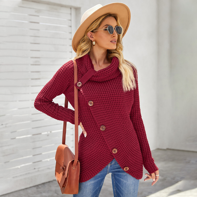 Shiying European and American high collar pineapple flower sweater women's 2023 autumn and winter New long sleeve hem asymmetric sweater pullover