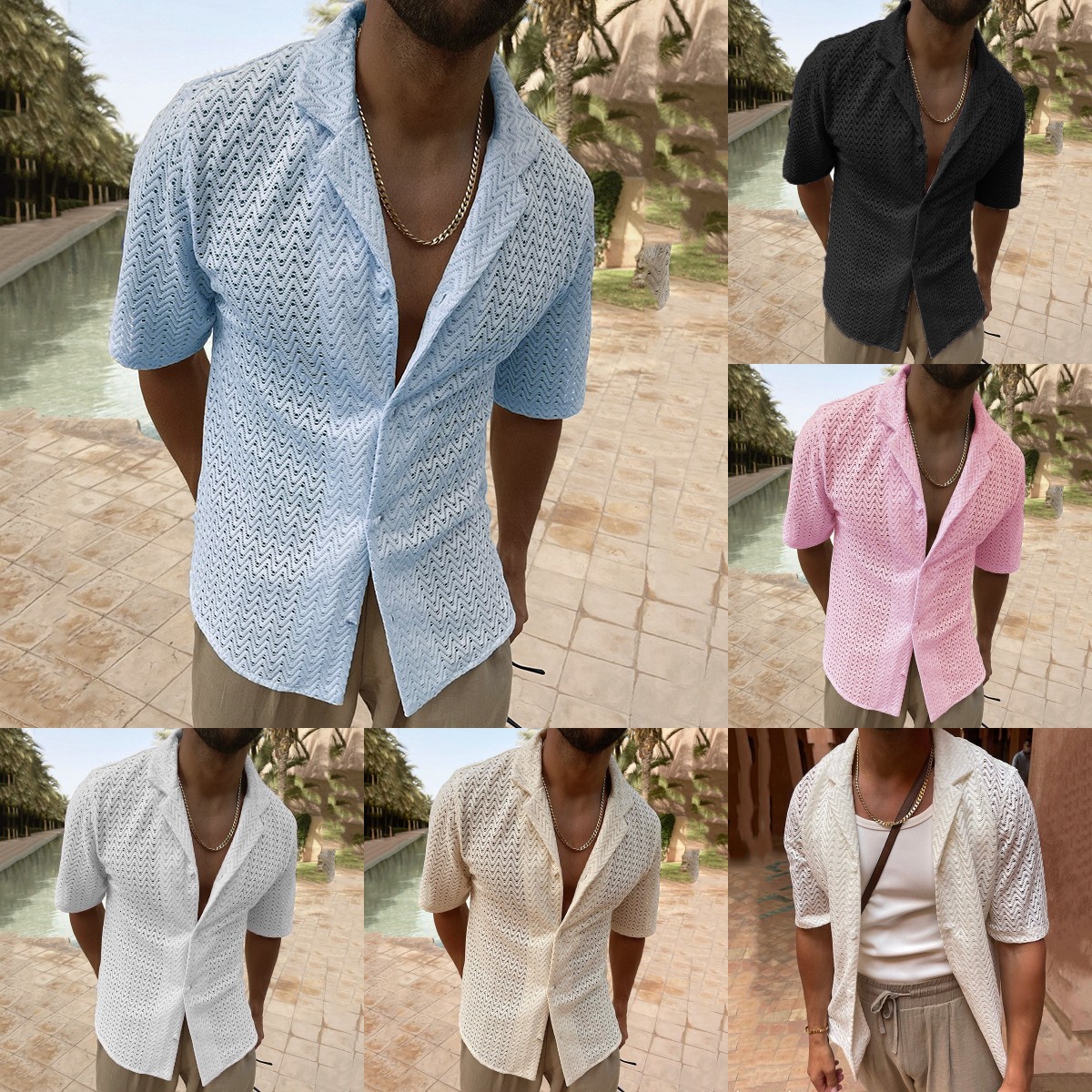 Cross-Border Men's European and American autumn leisure lace shirt men's top fashion long sleeve solid color Hollow shirt men