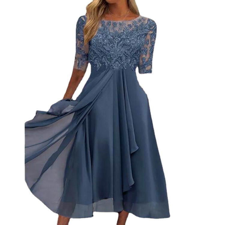 2023 European Station Cross-border Amazon Dress Chiffon Stitching Lace Hollow Dress Bridesmaid Evening Dress Women's Dress