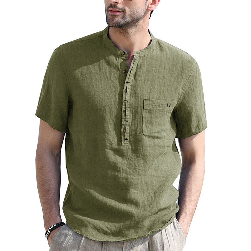 Foreign trade cross-border men's clothing Henry collar solid color short-sleeved shirt Amazon European and American men's cotton and linen shirt wholesale supply