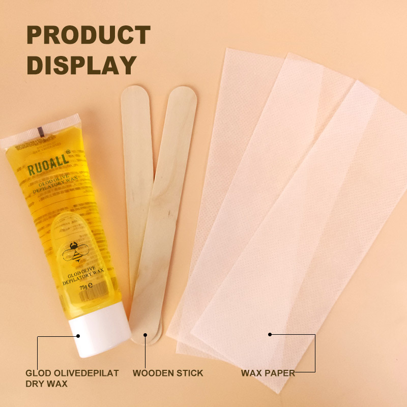 RUOALL Cross-border Export English Packaging Dehairy Beeswax 75G Send 2 Wooden Sticks Send 3 Dehairy Wax Paper