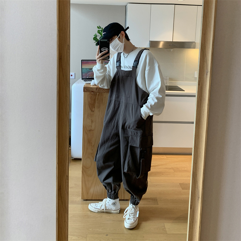 Japanese Harajuku Tooling Sling Pants Men's Trendy Brand ins Retro One-piece Suspender Pants Loose Wide-leg Straight Pants for Daddy