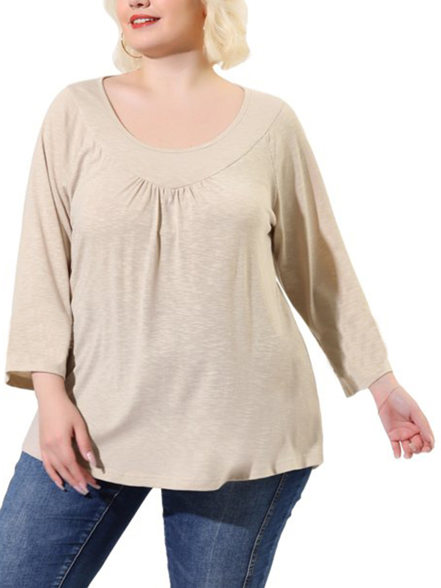  New Amazon AliExpress European and American Style Large Size Pleated Round Neck Loose Long Sleeve Top